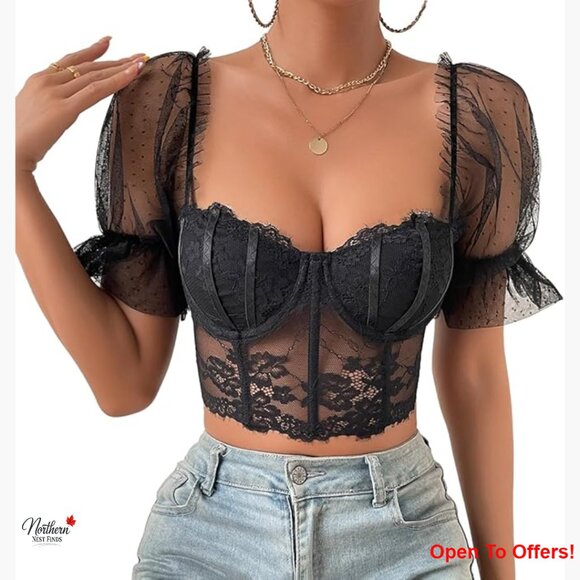 Tops - Floral Embroidered Puff Sleeve Corset Crop Top with Sweetheart Neckline